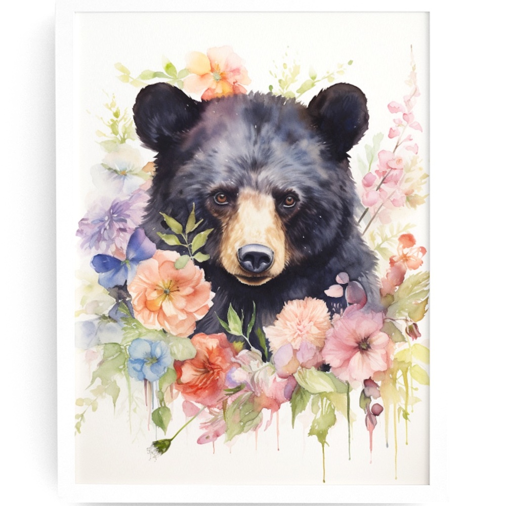 Watercolor Floral Black Bear Portrait Wall Art Illustration Print Unframed